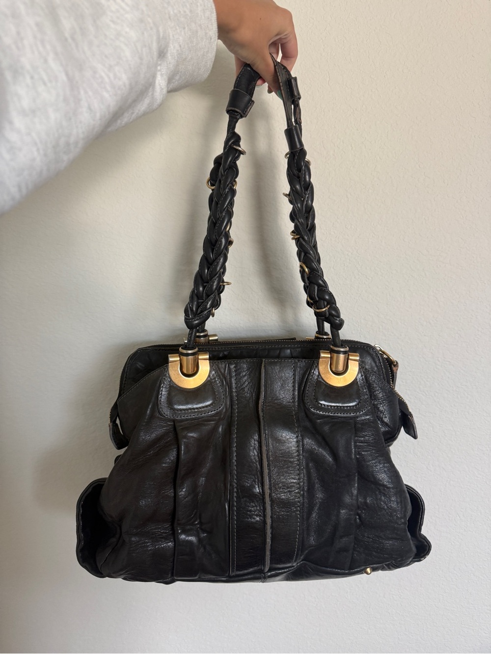 Authentic Vintage Chloe Black Leather Shoulder Hobo Bag with Braided Handles